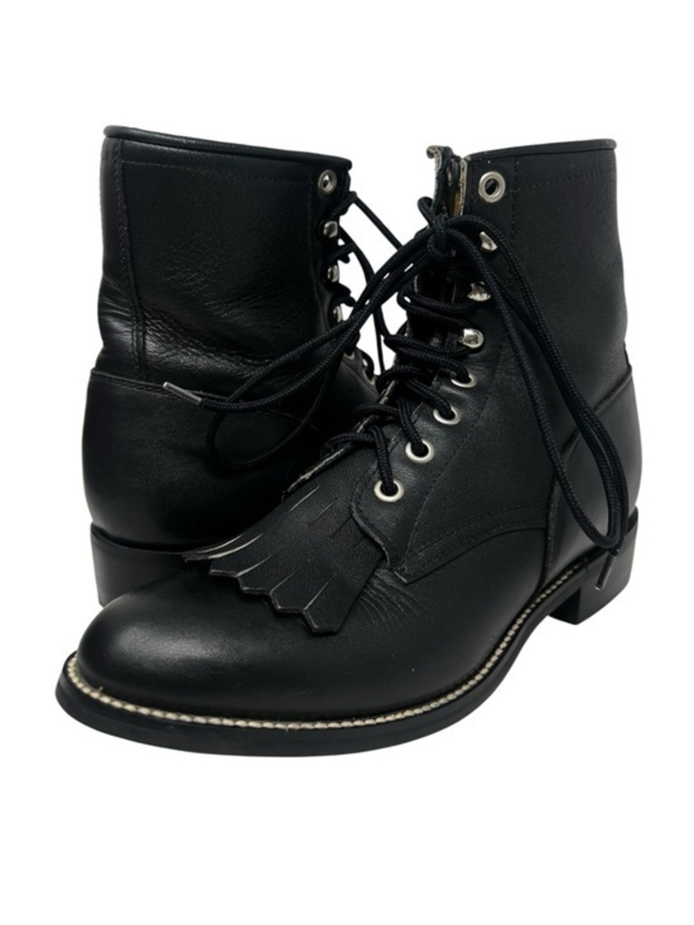Justin Boots Black Kids Lace-Up Leather Ankle Boots with Kiltie